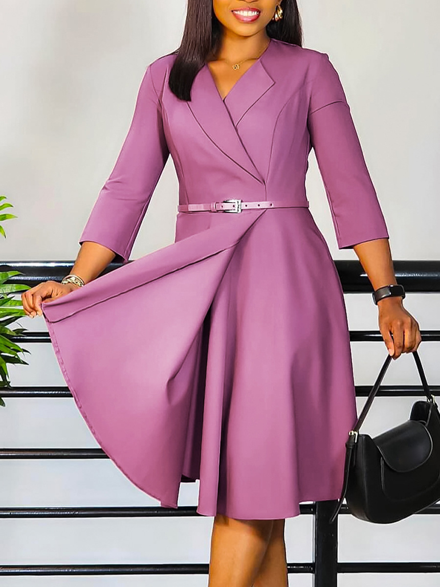 New Autumn V-Neck Solid Color Large Skirt High Waist Dress