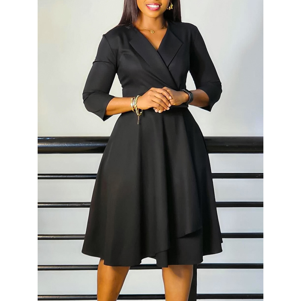 New Autumn V-Neck Solid Color Large Skirt High Waist Dress