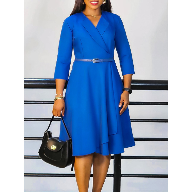 New Autumn V-Neck Solid Color Large Skirt High Waist Dress