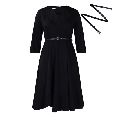 New Autumn V-Neck Solid Color Large Skirt High Waist Dress 02