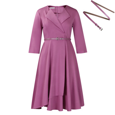 New Autumn V-Neck Solid Color Large Skirt High Waist Dress 01