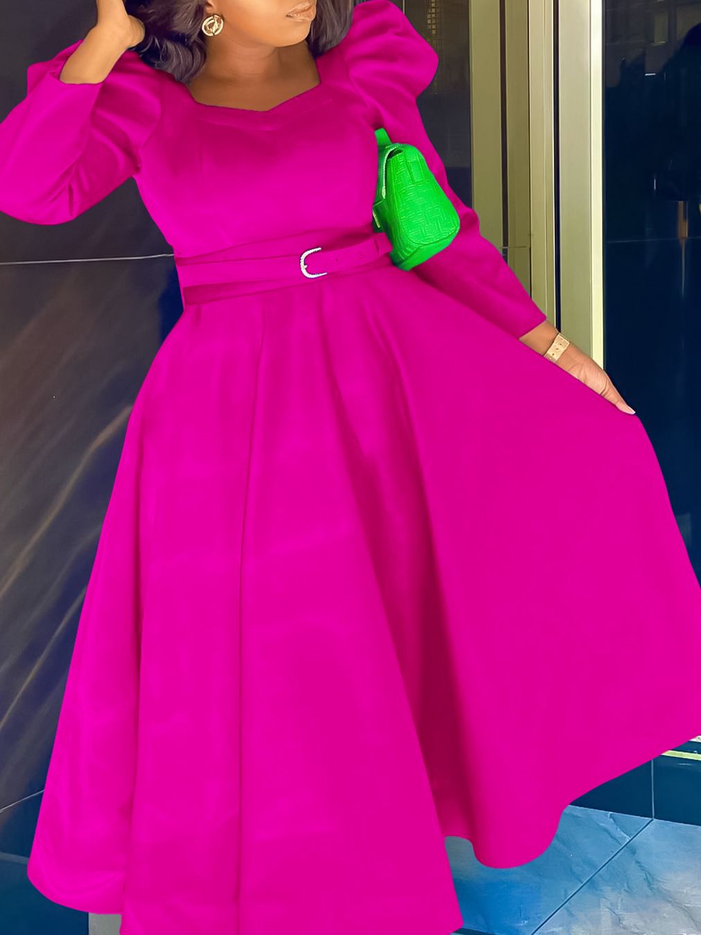 New Fashion Puff Sleeve Plus Size Banquet Party Dress Dress