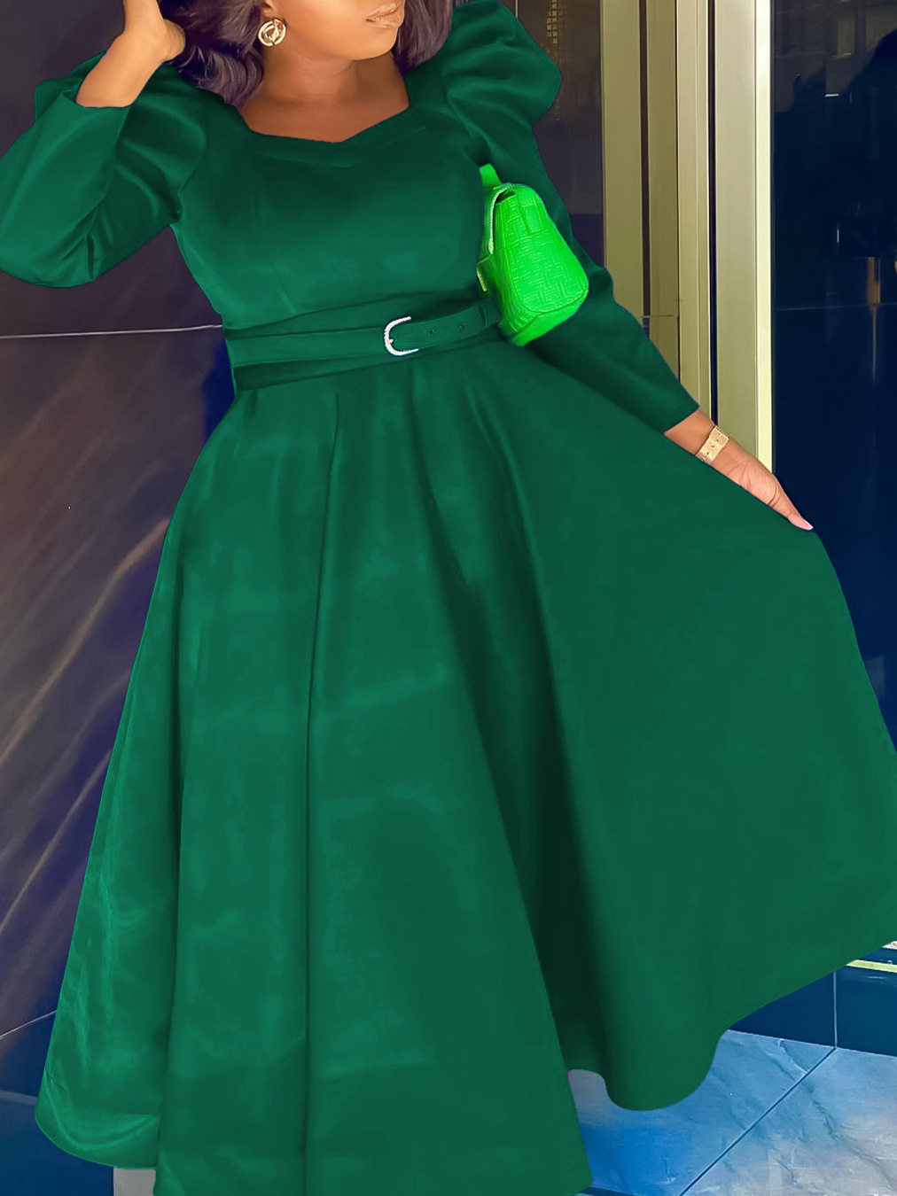 New Fashion Puff Sleeve Plus Size Banquet Party Dress Dress