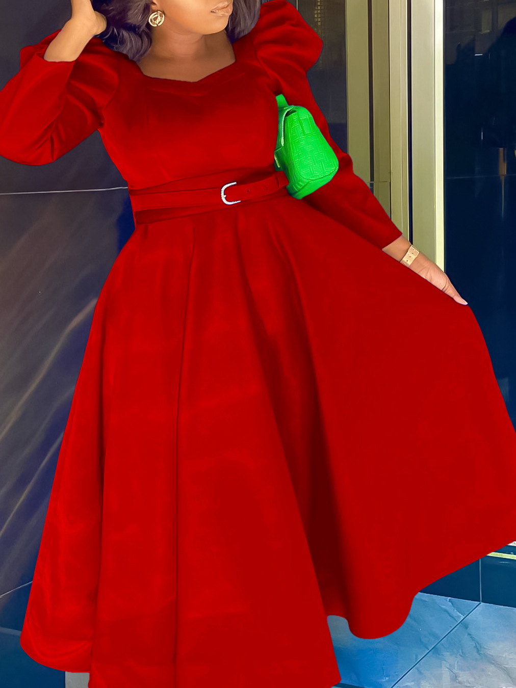 New Fashion Puff Sleeve Plus Size Banquet Party Dress Dress