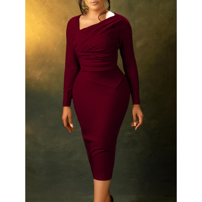 New Fashion Tongle Hip-hugging Slant Neck Pleated Dress