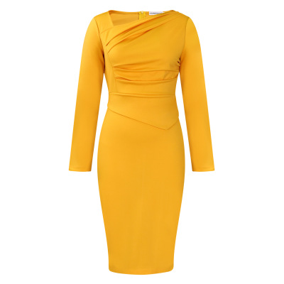New Fashion Tongle Hip-hugging Slant Neck Pleated Dress 02