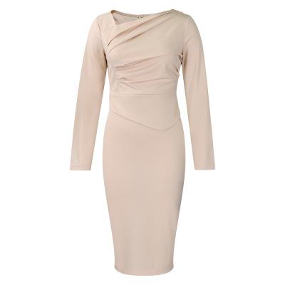 New Fashion Tongle Hip-hugging Slant Neck Pleated Dress 01
