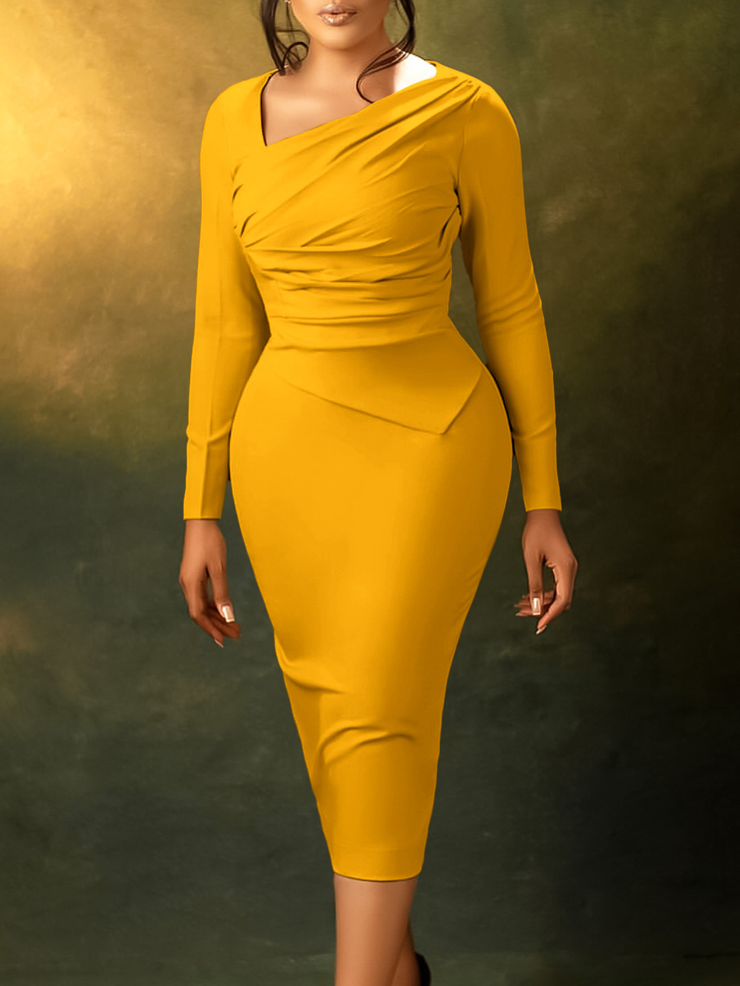 New Fashion Tongle Hip-hugging Slant Neck Pleated Dress