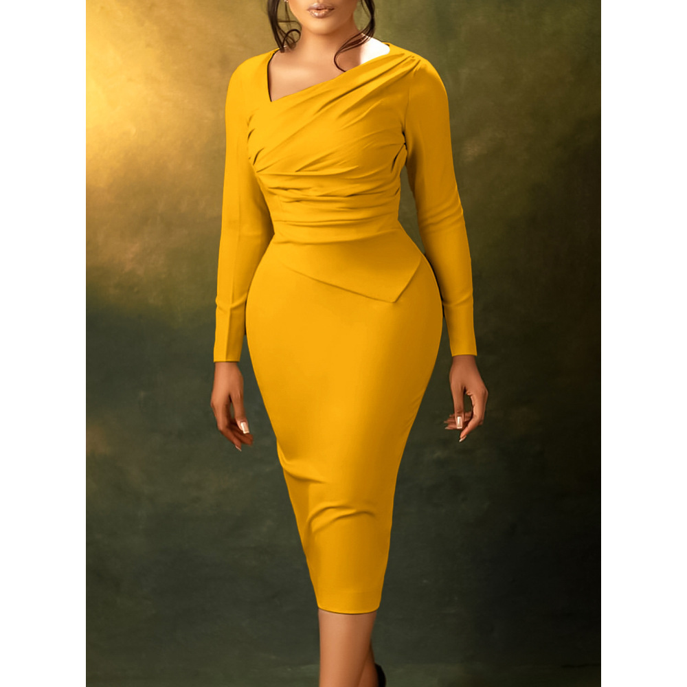 New Fashion Tongle Hip-hugging Slant Neck Pleated Dress