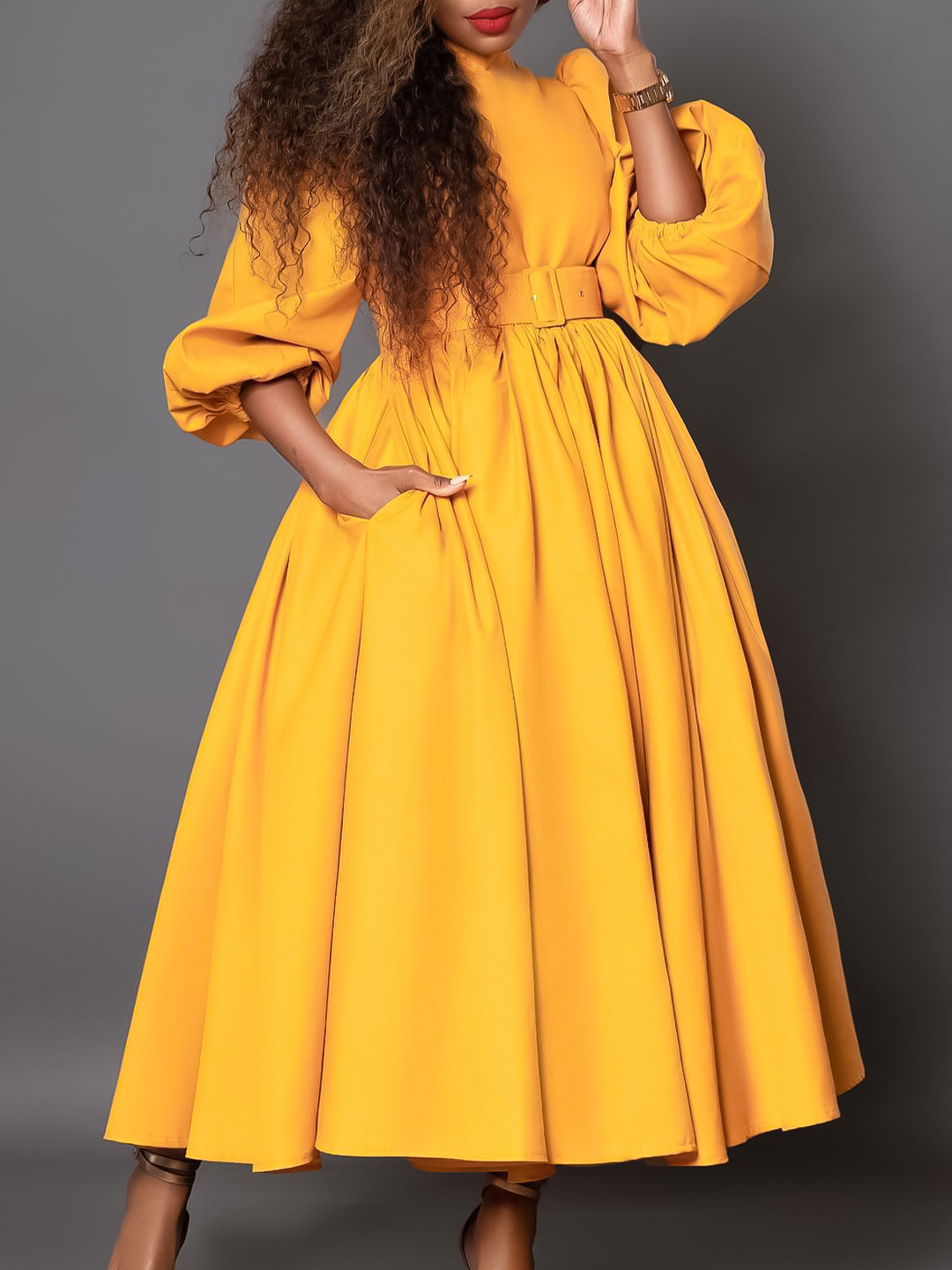 New Half Turtleneck Long Sleeve Slim Waist Swing Dress