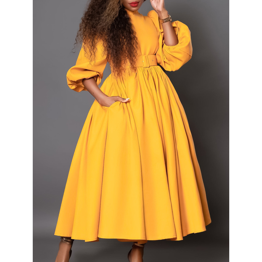 New Half Turtleneck Long Sleeve Slim Waist Swing Dress