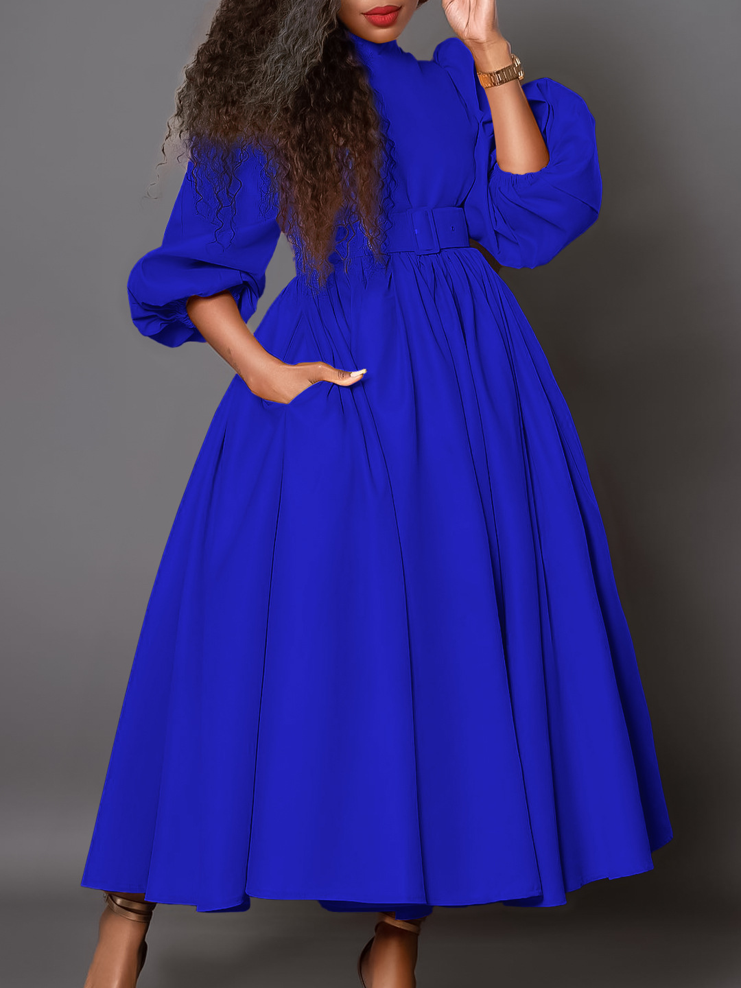 New Half Turtleneck Long Sleeve Slim Waist Swing Dress