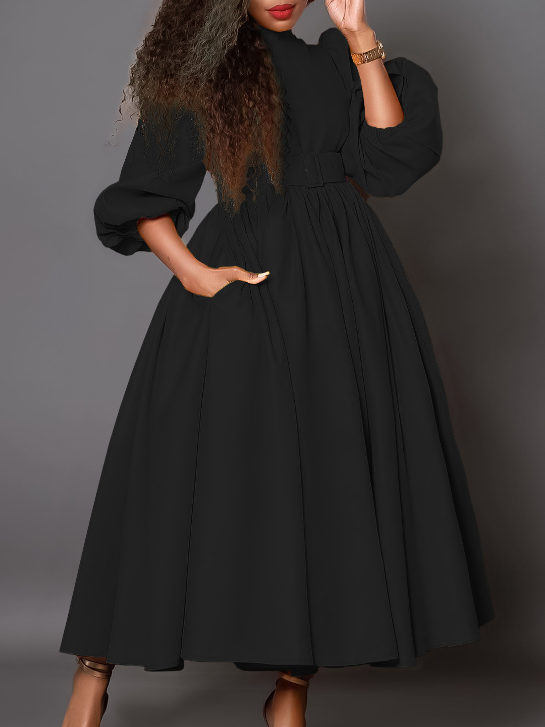 New Half Turtleneck Long Sleeve Slim Waist Swing Dress