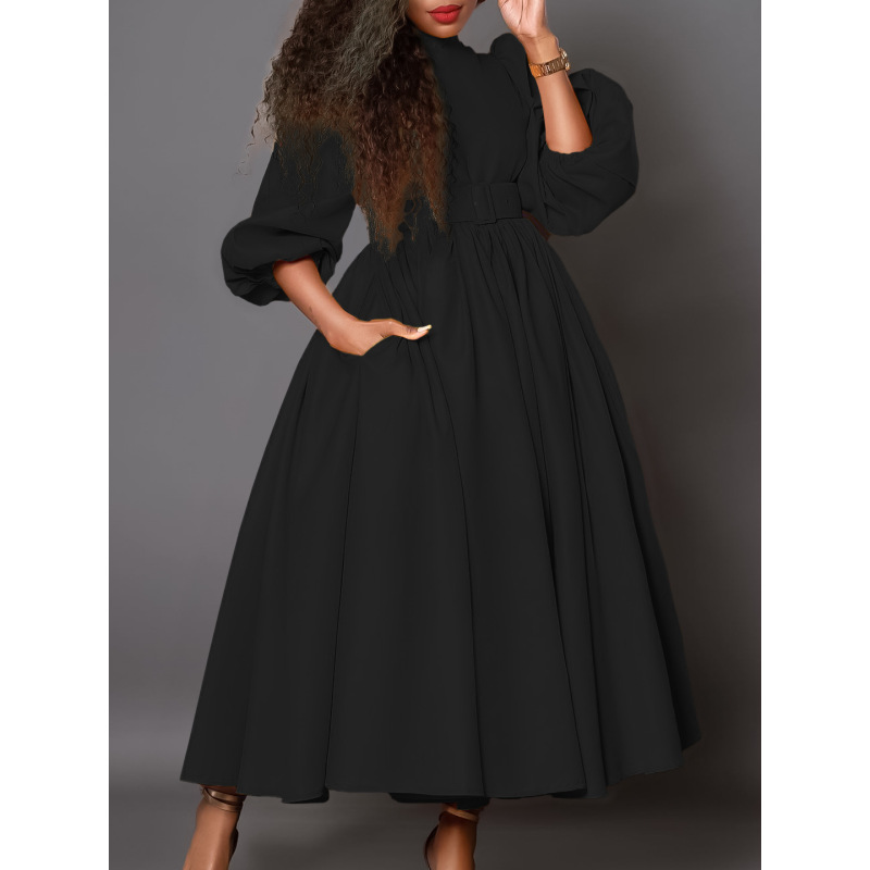 New Half Turtleneck Long Sleeve Slim Waist Swing Dress