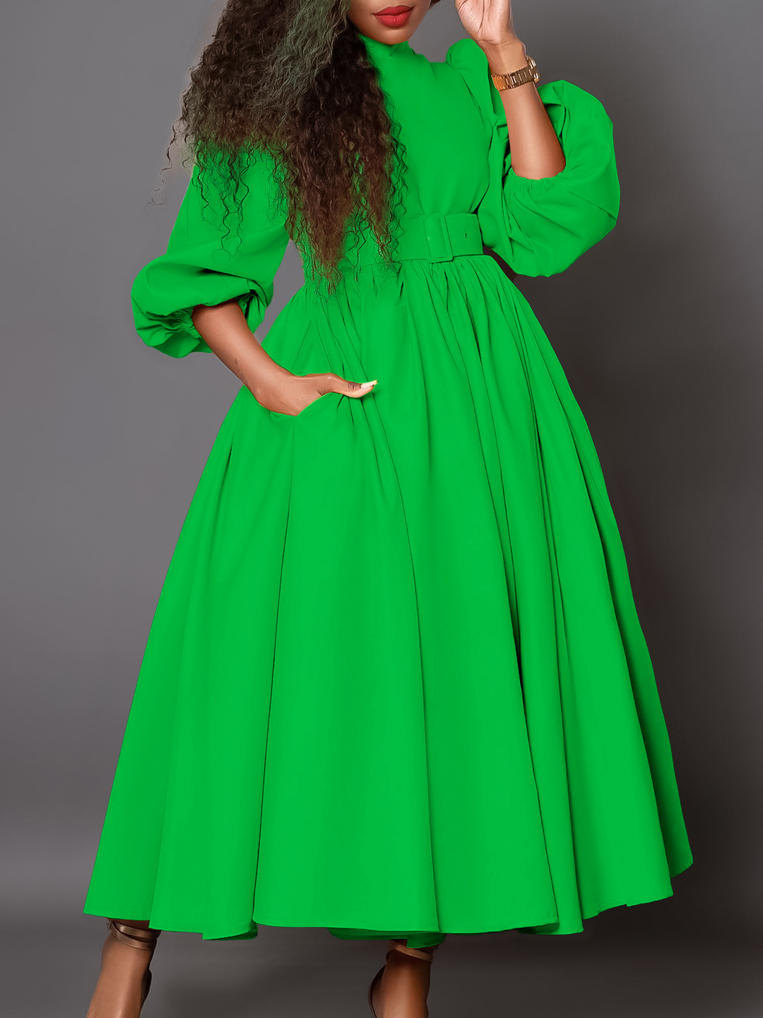 New Half Turtleneck Long Sleeve Slim Waist Swing Dress