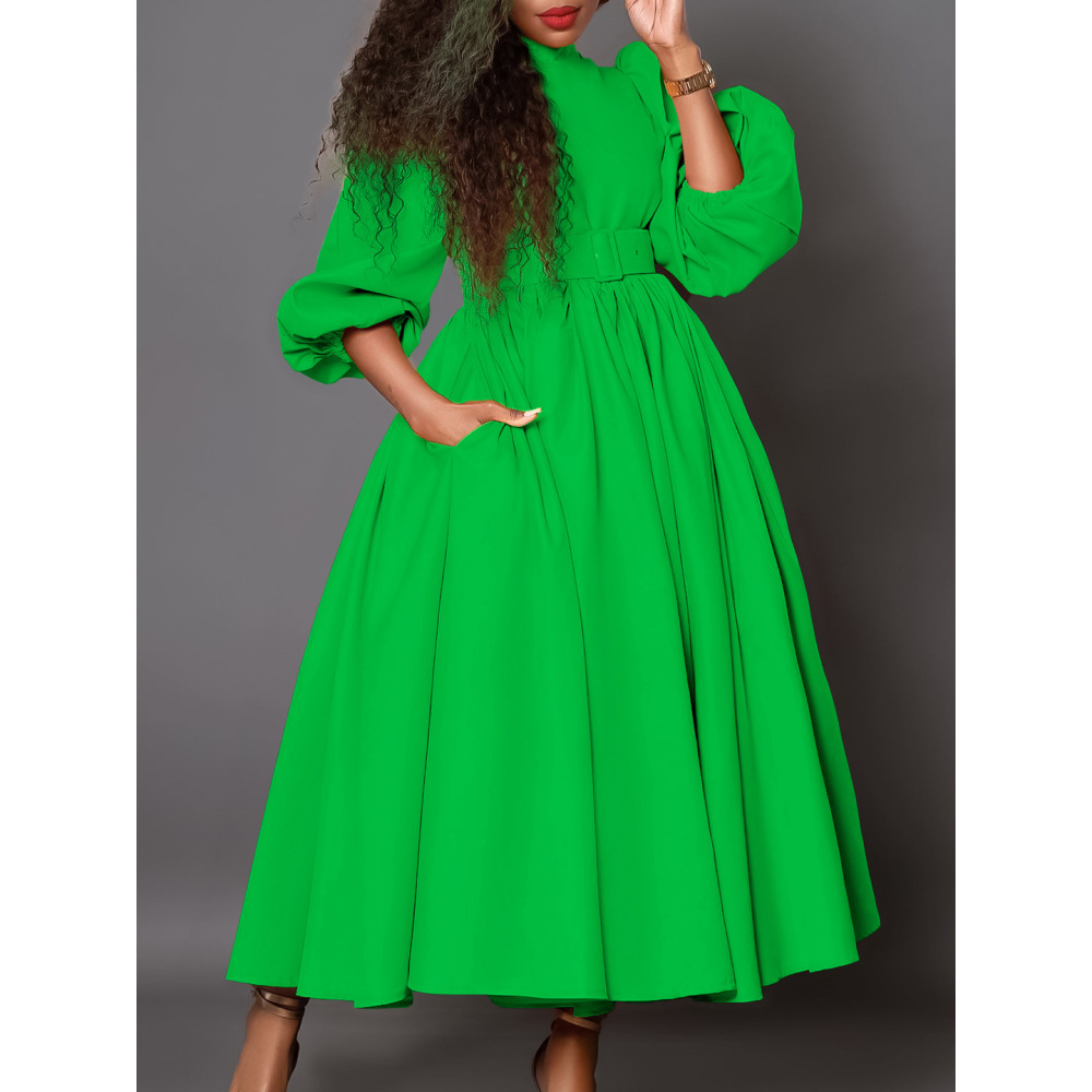 New Half Turtleneck Long Sleeve Slim Waist Swing Dress