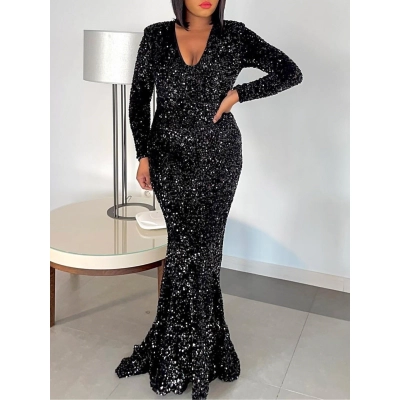 New Sequined Fishtail Sexy Long Dress Tailing Banquet Evening Dress 01