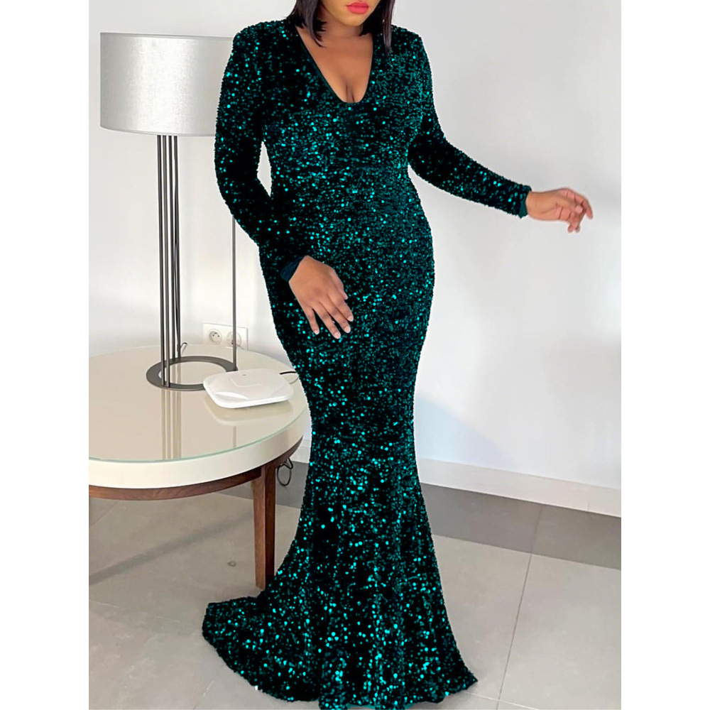New Sequined Fishtail Sexy Long Dress Tailing Banquet Evening Dress