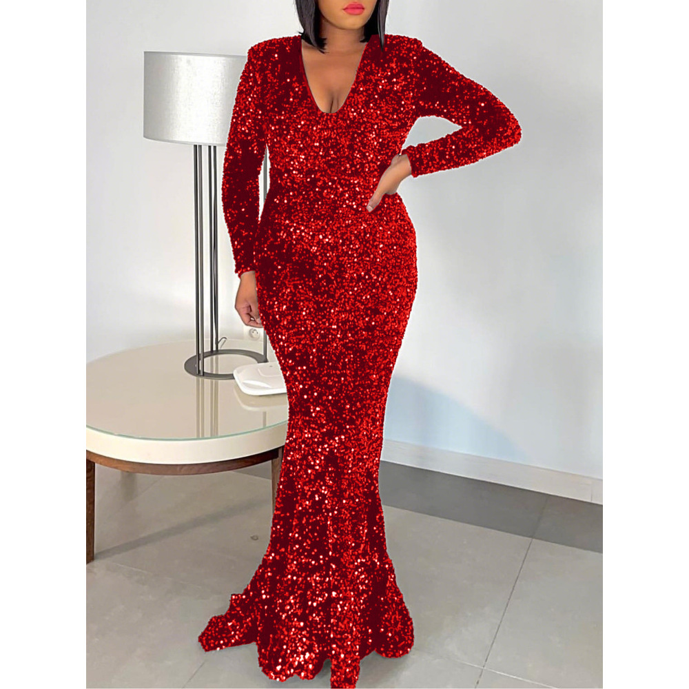 New Sequined Fishtail Sexy Long Dress Tailing Banquet Evening Dress