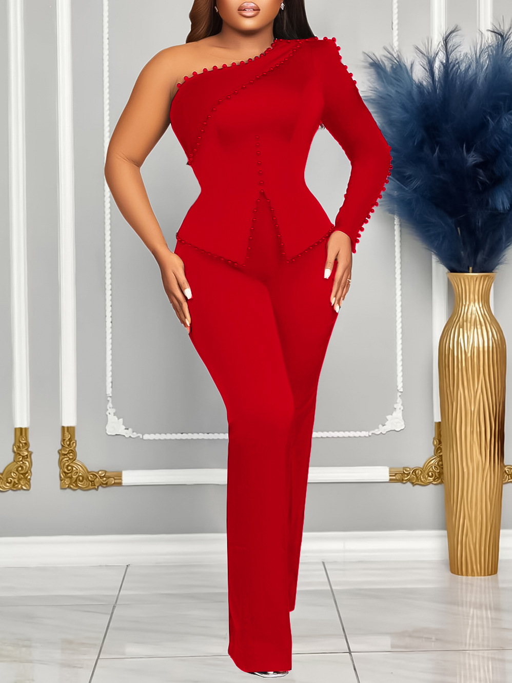 Spring New Oblique Shoulder Beaded OL Two-Piece Suit