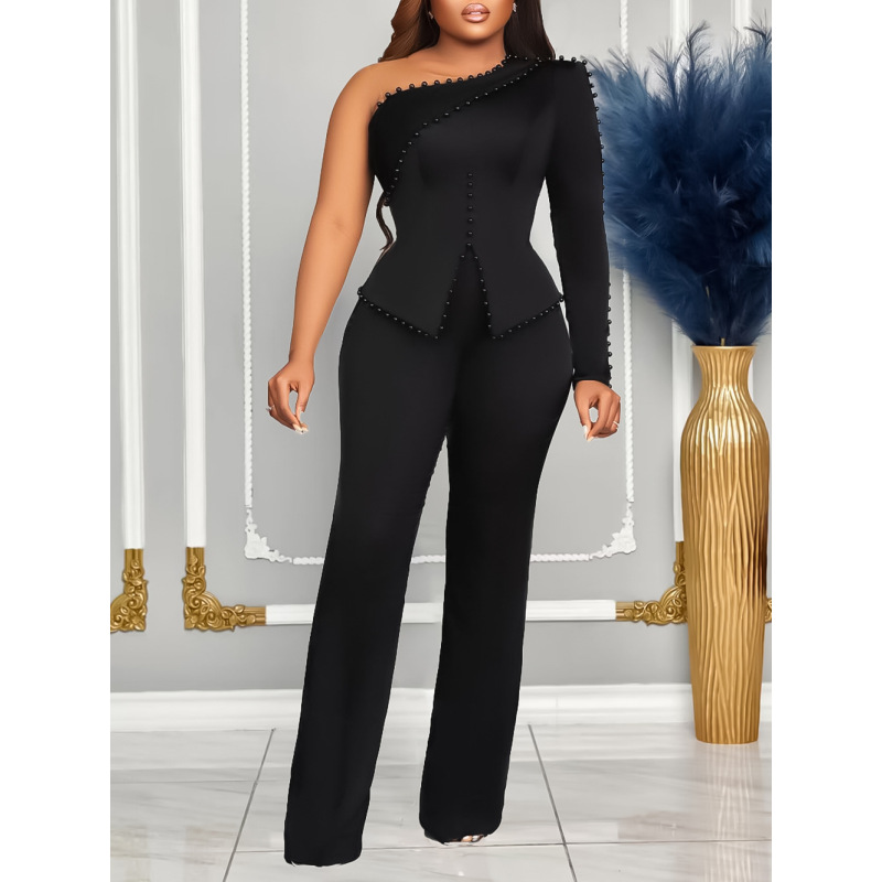 Spring New Oblique Shoulder Beaded OL Two-Piece Suit