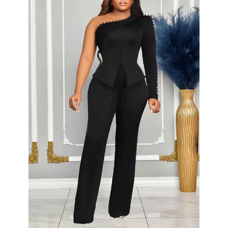 Spring New Oblique Shoulder Beaded OL Two-Piece Suit