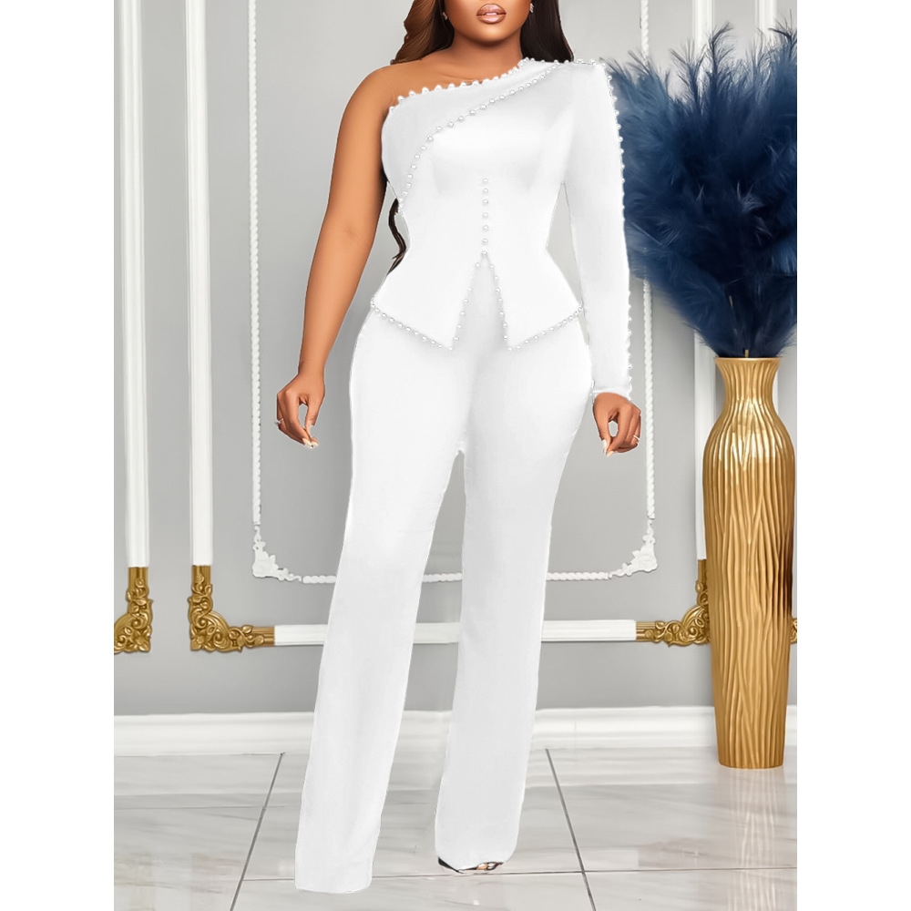 Spring New Oblique Shoulder Beaded OL Two-Piece Suit