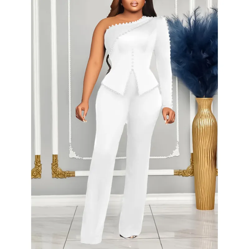 Spring New Oblique Shoulder Beaded OL Two-Piece Suit