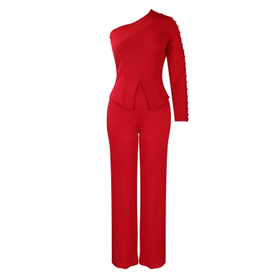 Spring New Oblique Shoulder Beaded OL Two-Piece Suit 01