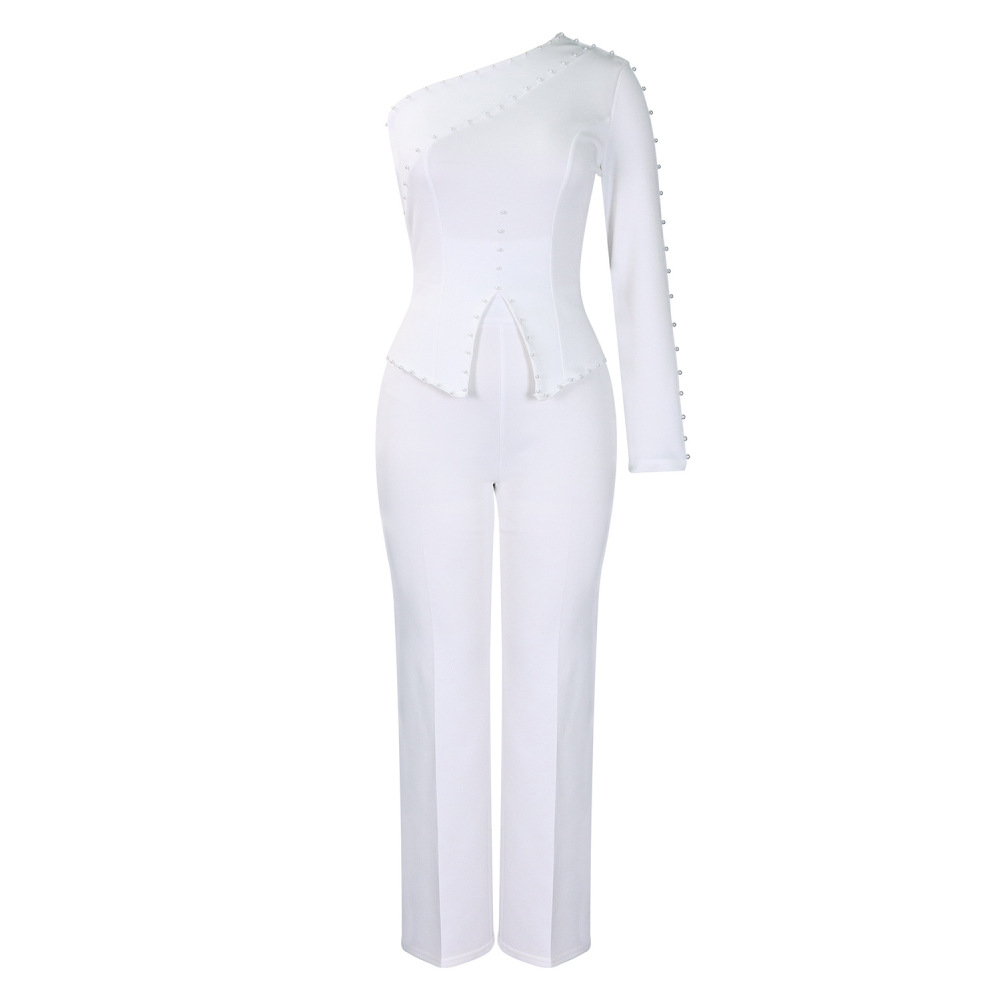 Spring New Oblique Shoulder Beaded OL Two-Piece Suit