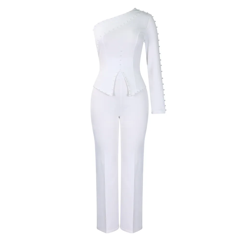 Spring New Oblique Shoulder Beaded OL Two-Piece Suit