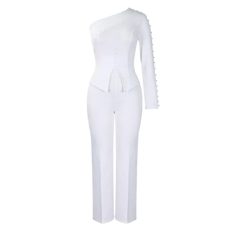 Spring New Oblique Shoulder Beaded OL Two-Piece Suit