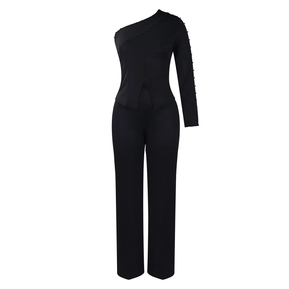 Spring New Oblique Shoulder Beaded OL Two-Piece Suit