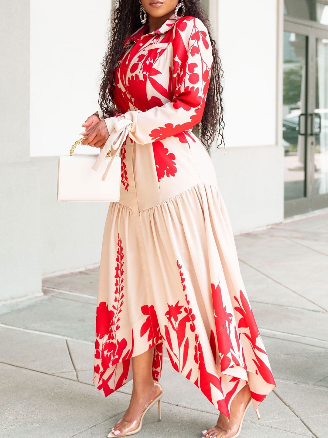 Summer New Long-Sleeved Printed Lapel Irregular Loose Dress