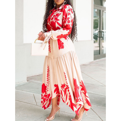 Summer New Long-Sleeved Printed Lapel Irregular Loose Dress 02