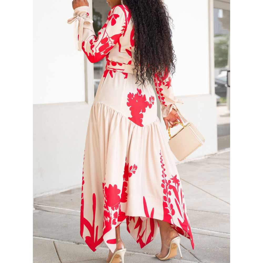 Summer New Long-Sleeved Printed Lapel Irregular Loose Dress