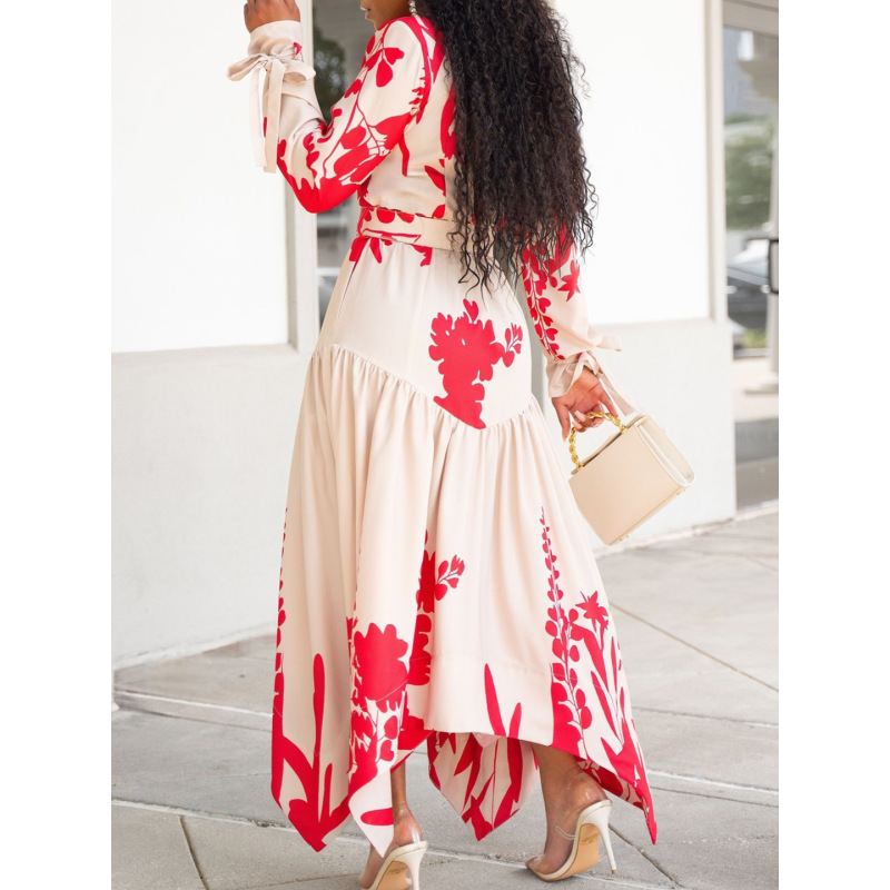 Summer New Long-Sleeved Printed Lapel Irregular Loose Dress
