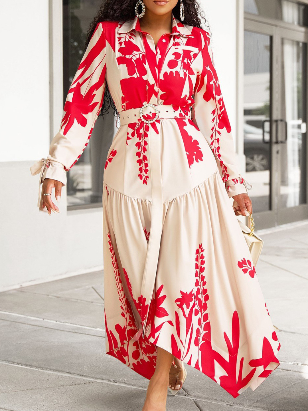 Summer New Long-Sleeved Printed Lapel Irregular Loose Dress