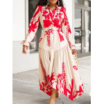 Summer New Long-Sleeved Printed Lapel Irregular Loose Dress