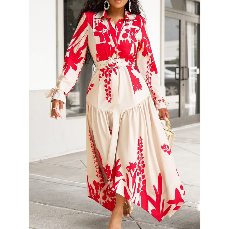 Summer New Long-Sleeved Printed Lapel Irregular Loose Dress