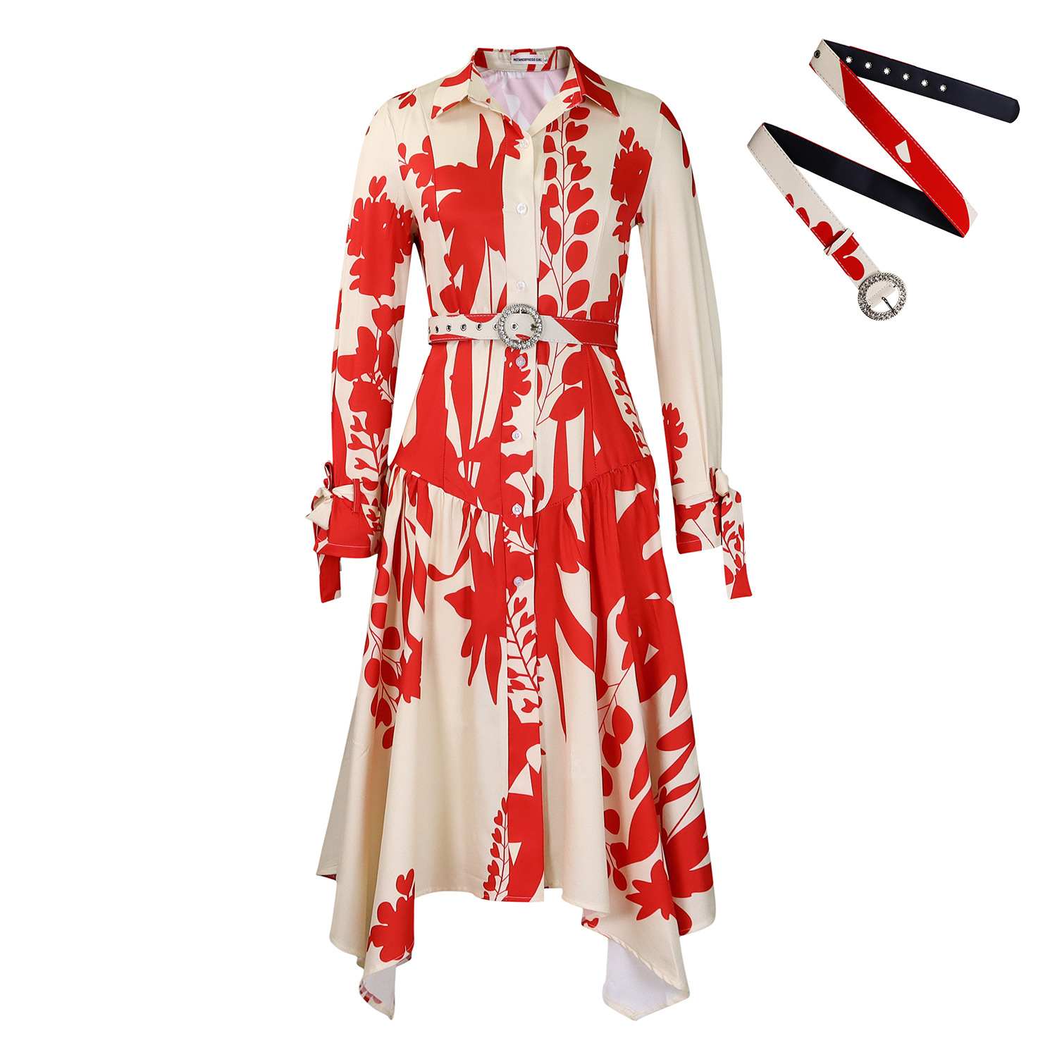 Summer New Long-Sleeved Printed Lapel Irregular Loose Dress