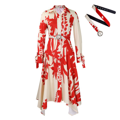 Summer New Long-Sleeved Printed Lapel Irregular Loose Dress 01