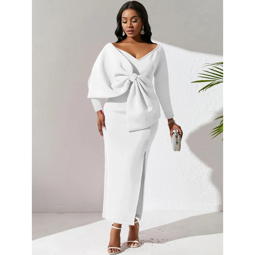 Deep V Bow High Waist Hip Party Dress Dress