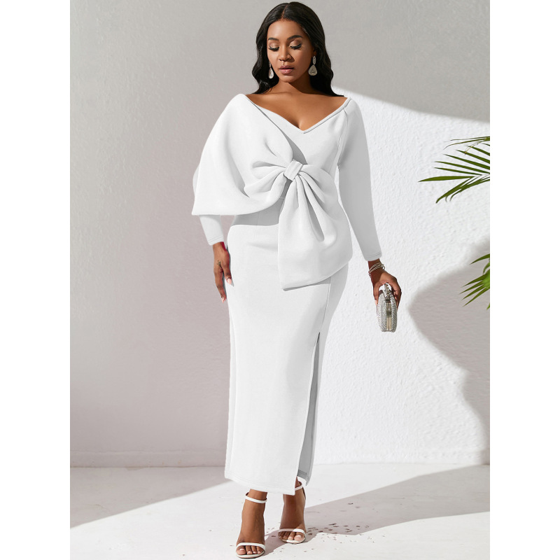 Deep V Bow High Waist Hip Party Dress Dress