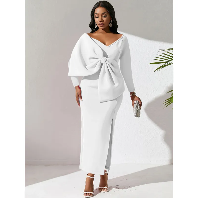 Deep V Bow High Waist Hip Party Dress Dress
