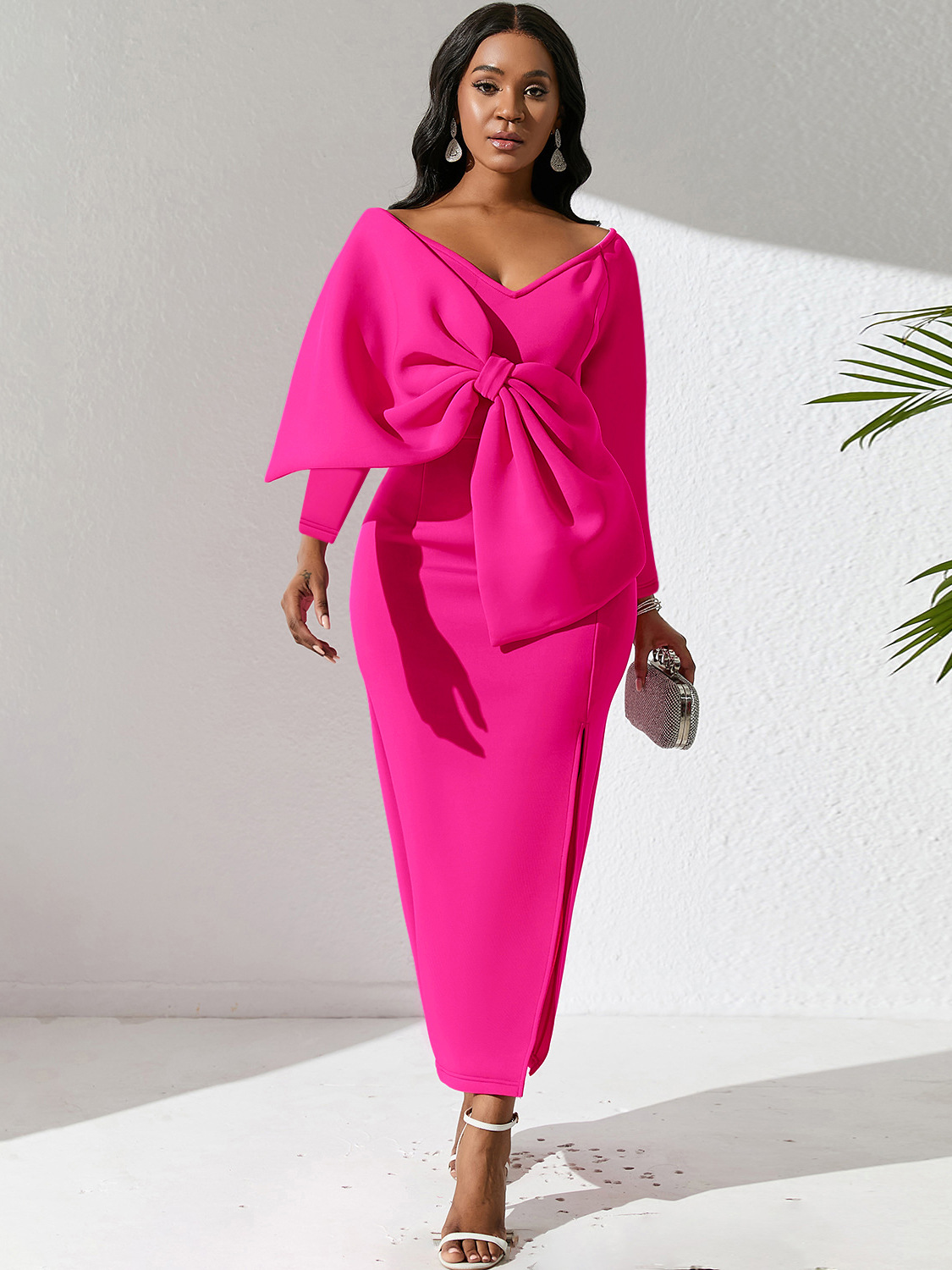 Deep V Bow High Waist Hip Party Dress Dress