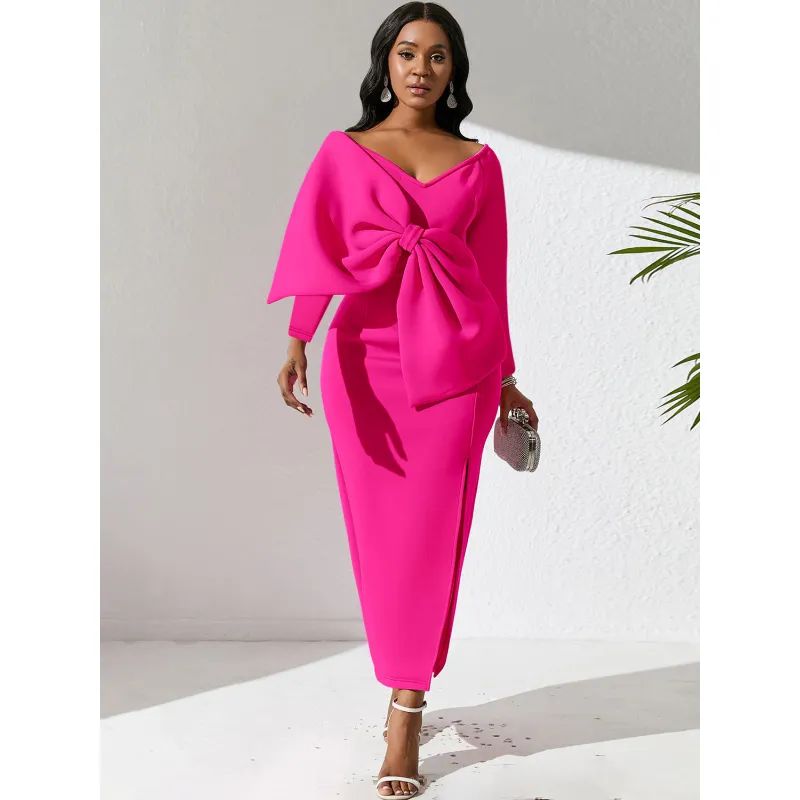 Deep V Bow High Waist Hip Party Dress Dress