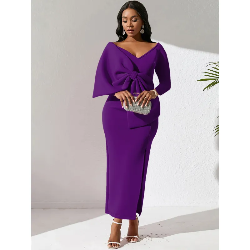 Deep V Bow High Waist Hip Party Dress Dress