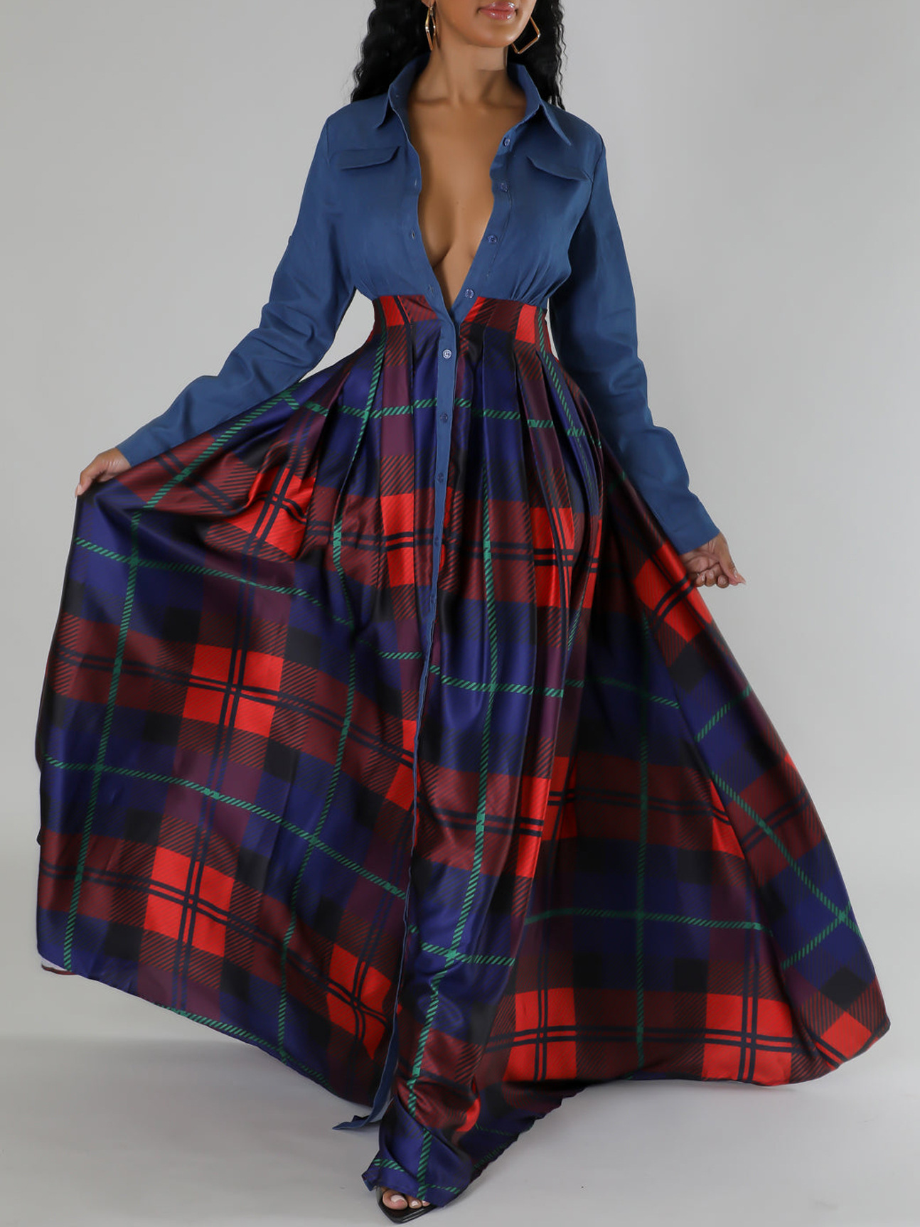 Fashion Casual Printed Lapel Shirt Long Dress