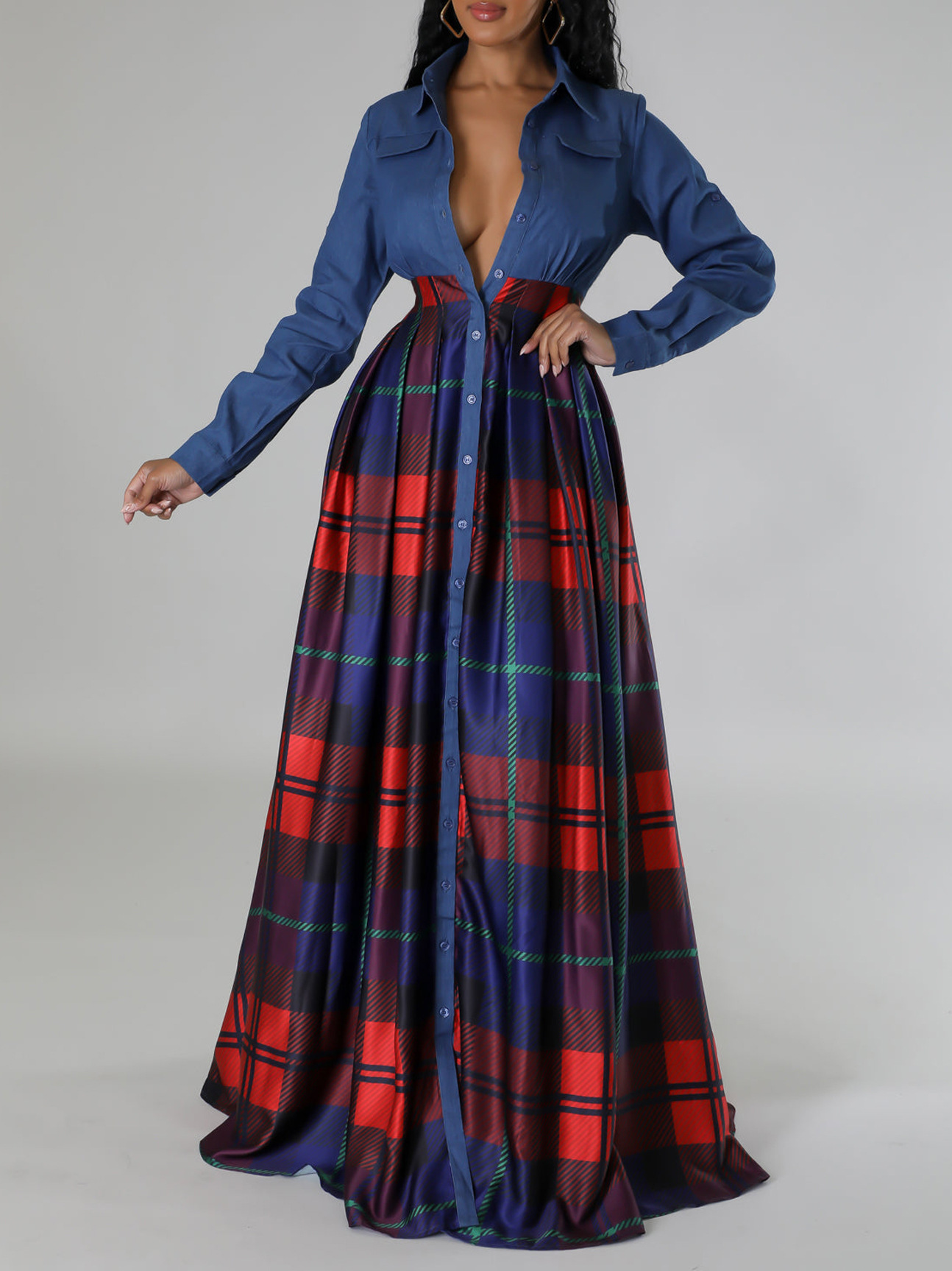 Fashion Casual Printed Lapel Shirt Long Dress